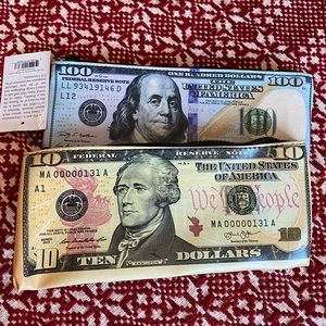Super fun US bank note zipper bags, $10 and $100 NWT